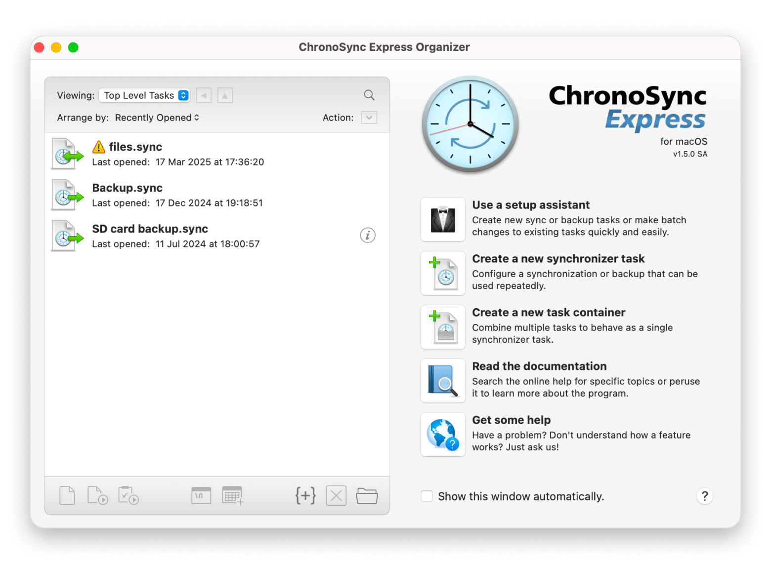 ChronoSync Express configurando una copia de seguridad automática entre Mac y iPhone, disponible en Setapp